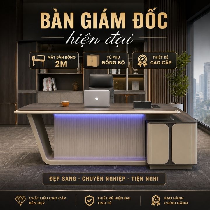 Bàn Giám Đốc Nhập Khẩu BGD2009 Cao Cấp, Mặt MDF Phủ Veneer Thân MDF Sơn PU