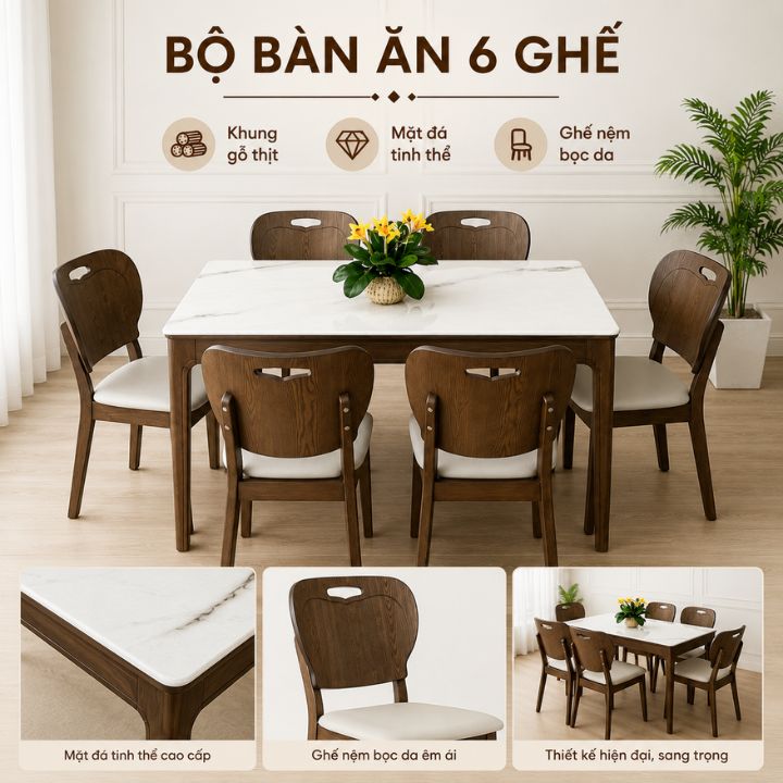 Bộ Bàn Ăn Gia Đình 6 Ghế BA8021 Mặt Đá Tinh Thể Khung Gỗ Tự Nhiên Sang Trọng