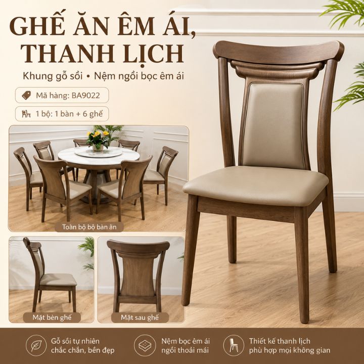 Bộ Bàn Ăn Tròn 6 Ghế BA9022 Mặt Đá Tinh Thể Xuyên Sáng, Chân Gỗ Sồi Sang Trọng - Ảnh 4