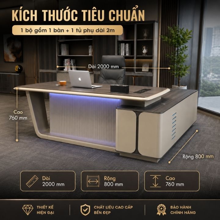 Bàn Giám Đốc Nhập Khẩu BGD2009 Cao Cấp, Mặt MDF Phủ Veneer Thân MDF Sơn PU - Ảnh 6