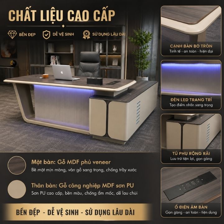 Bàn Giám Đốc Nhập Khẩu BGD2009 Cao Cấp, Mặt MDF Phủ Veneer Thân MDF Sơn PU - Ảnh 7