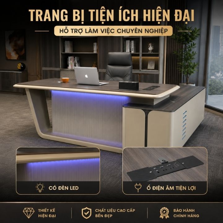 Bàn Giám Đốc Nhập Khẩu BGD2009 Cao Cấp, Mặt MDF Phủ Veneer Thân MDF Sơn PU - Ảnh 8