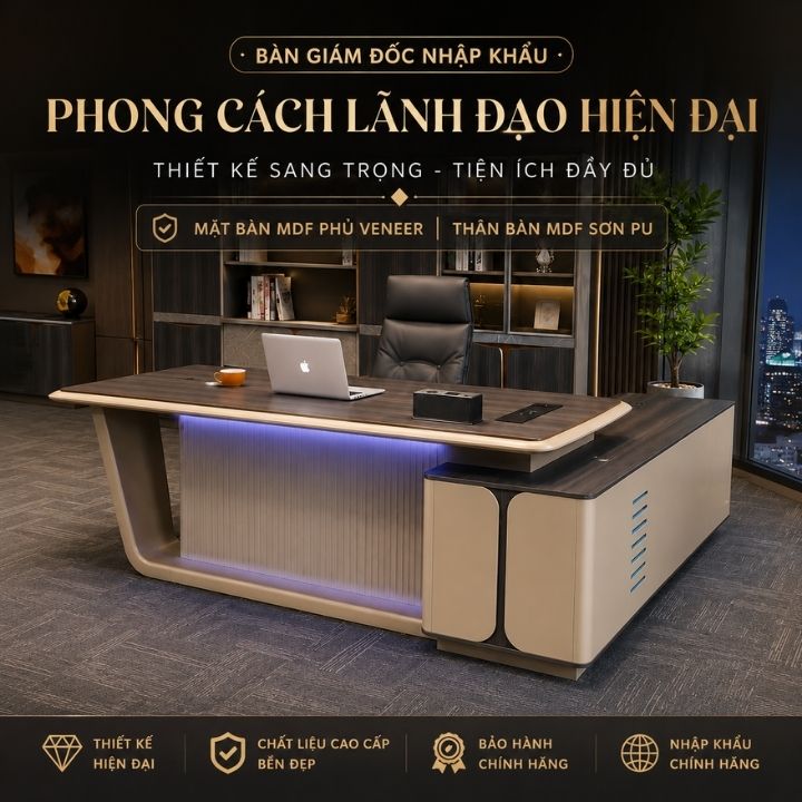 Bàn Giám Đốc Nhập Khẩu BGD2009 Cao Cấp, Mặt MDF Phủ Veneer Thân MDF Sơn PU - Ảnh 11