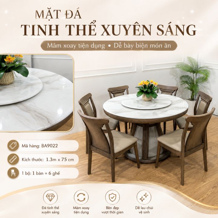 Bộ Bàn Ăn Tròn 6 Ghế BA9022 Mặt Đá Tinh Thể Xuyên Sáng, Chân Gỗ Sồi Sang Trọng - Ảnh 5