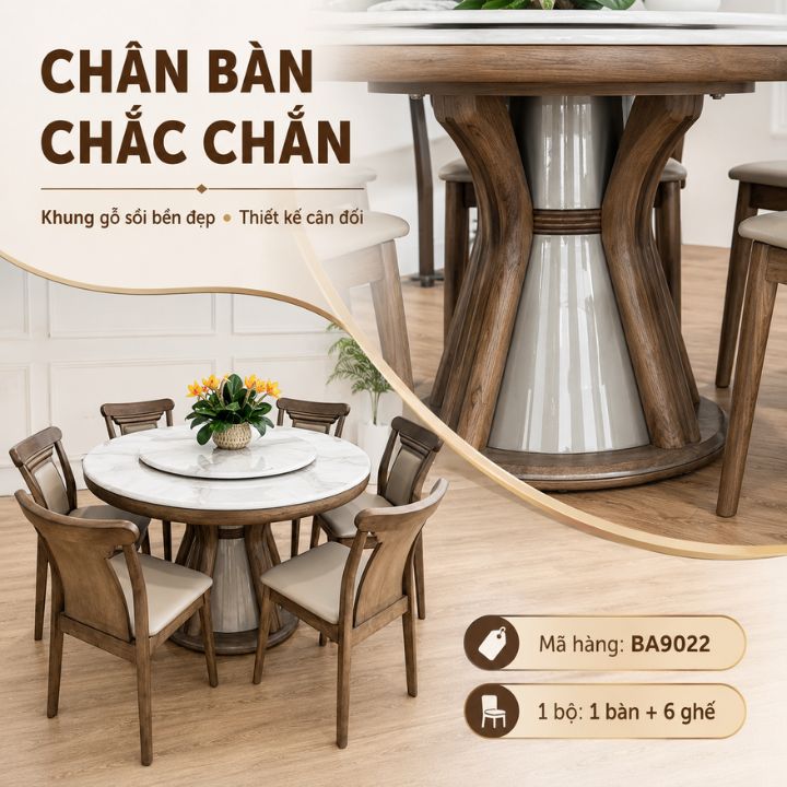 Bộ Bàn Ăn Tròn 6 Ghế BA9022 Mặt Đá Tinh Thể Xuyên Sáng, Chân Gỗ Sồi Sang Trọng - Ảnh 6
