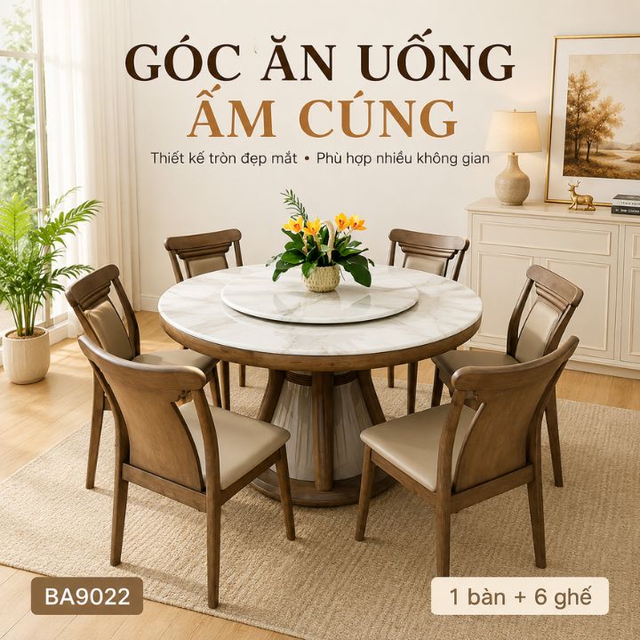 Bộ Bàn Ăn Tròn 6 Ghế BA9022 Mặt Đá Tinh Thể Xuyên Sáng, Chân Gỗ Sồi Sang Trọng - Ảnh 7