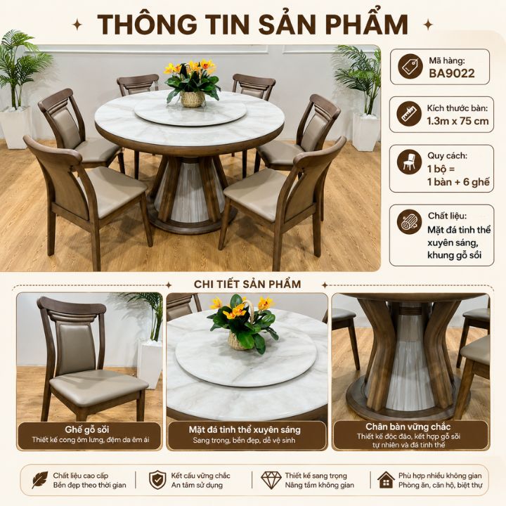 Bộ Bàn Ăn Tròn 6 Ghế BA9022 Mặt Đá Tinh Thể Xuyên Sáng, Chân Gỗ Sồi Sang Trọng - Ảnh 8