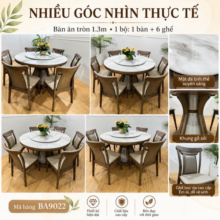 Bộ Bàn Ăn Tròn 6 Ghế BA9022 Mặt Đá Tinh Thể Xuyên Sáng, Chân Gỗ Sồi Sang Trọng - Ảnh 9