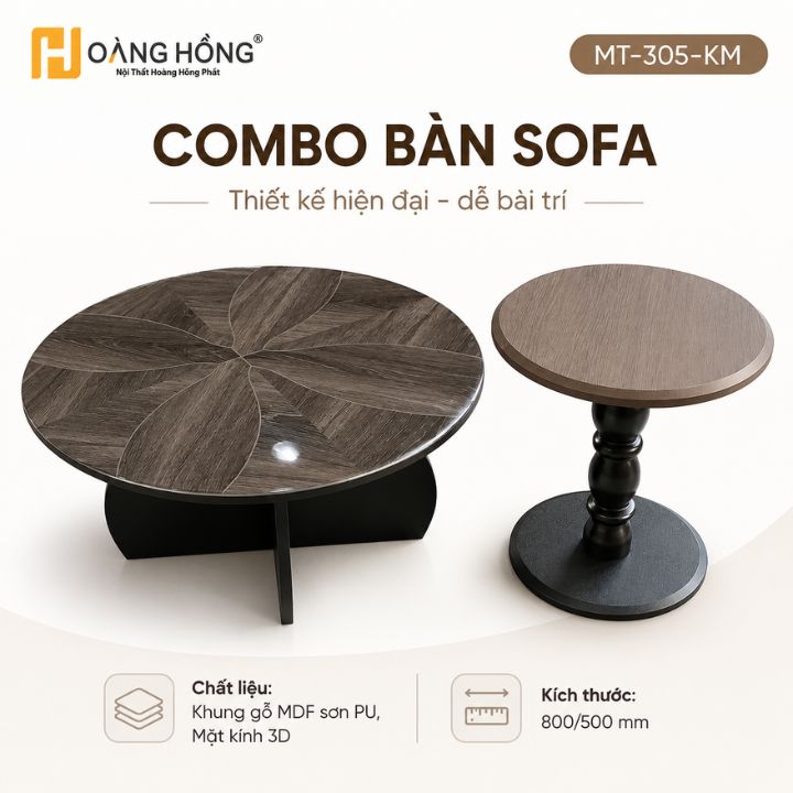 Bộ 2 Bàn Sofa Phòng Khách MT-305-KM Mặt Kính 3D, Khung Gỗ MDF Sơn PU Hiện Đại Sang Trọng