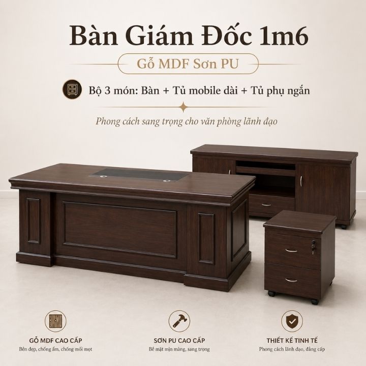 Bàn Giám Đốc 1.6m Cao Cấp HHP-BGD200 Bộ 3 Món Cao Cấp - Ảnh 3