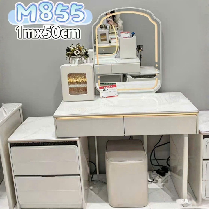 Bàn Trang Điểm Gương Đèn LED BPFM855 Hình Chữ Nhật Bo Góc Kèm Tủ 2 Ngăn Tiện Nghi Hiện Đại
