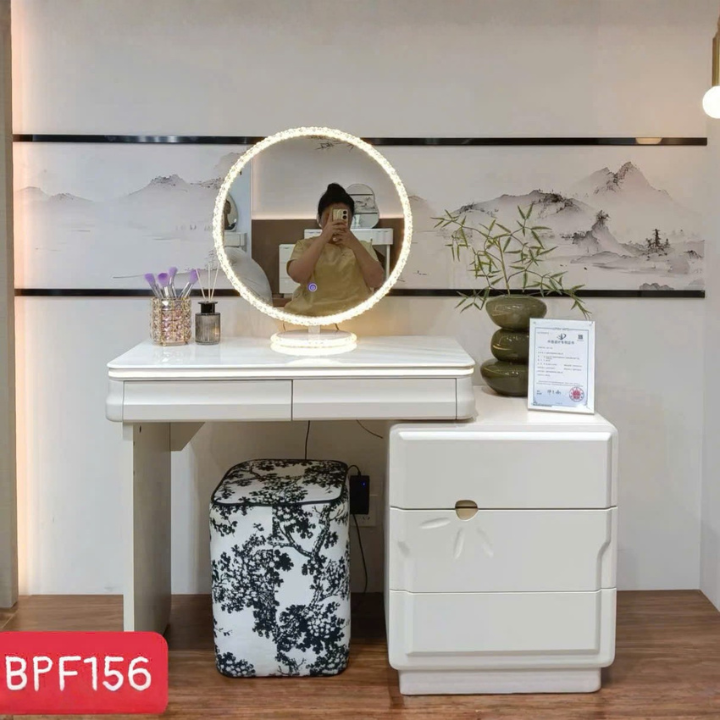 Bàn Trang Điểm Gương Đèn LED BPF156 Tròn Thiết Kế Sang Trọng Kèm Tủ 2 Ngăn Họa Tiết Hoa