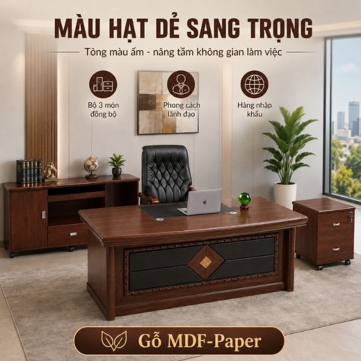 Bộ Bàn Giám Đốc Cao Cấp BGD204 Nhập Khẩu Gỗ MDF-Paper Màu Hạt Dẻ Sang Trọng