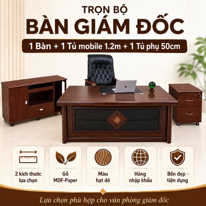 Combo Bàn Lãnh Đạo BGD204-18 Cao Cấp Nhập Khẩu Gồm Bàn Chính, Tủ Mobile Và Tủ Phụ