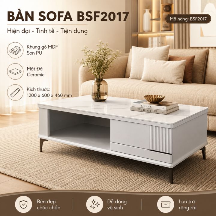 Bàn Trà Sofa Mặt Đá Vân Nhẹ BSF 2017 Sang Trọng Kèm Hộc Tủ Tiện Lợi Phong Cách Nội Thất Hiện Đại