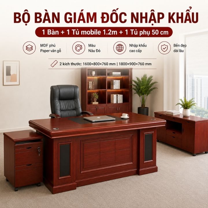 Bộ Bàn Giám Đốc Sang Trọng MDF BGD208-18 Chống Thấm Chịu Nhiệt - Bàn Làm Việc Văn Phòng Cao Cấp