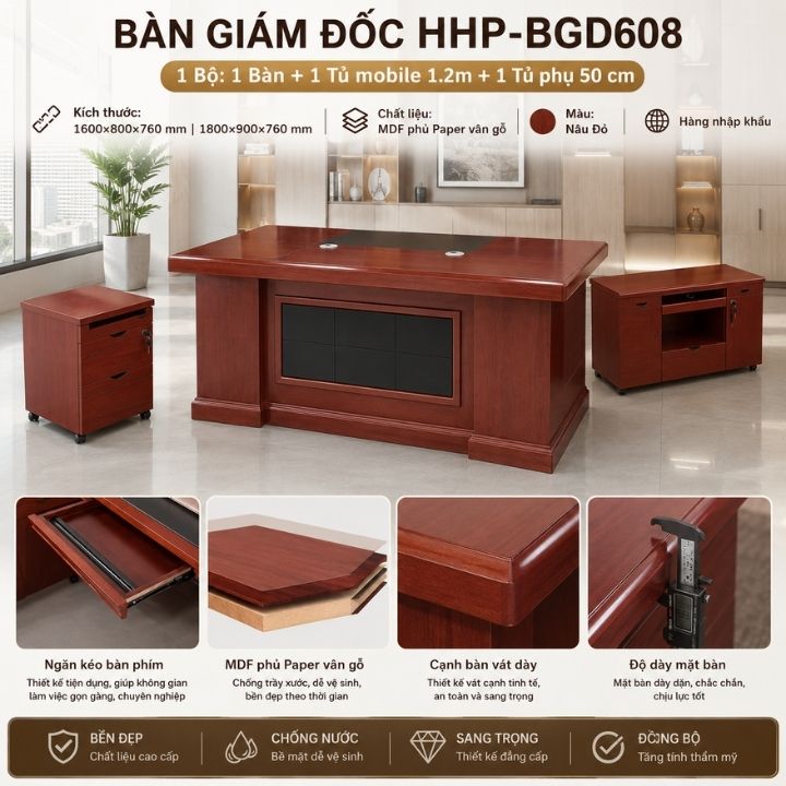 Trọn Bộ Bàn Giám Đốc BGD207 Cao Cấp: 1 Bàn Làm Việc Lớn + 1 Tủ Di Động Có Khóa + 1 Tủ Phụ 50cm Đẳng Cấp Văn Phòng