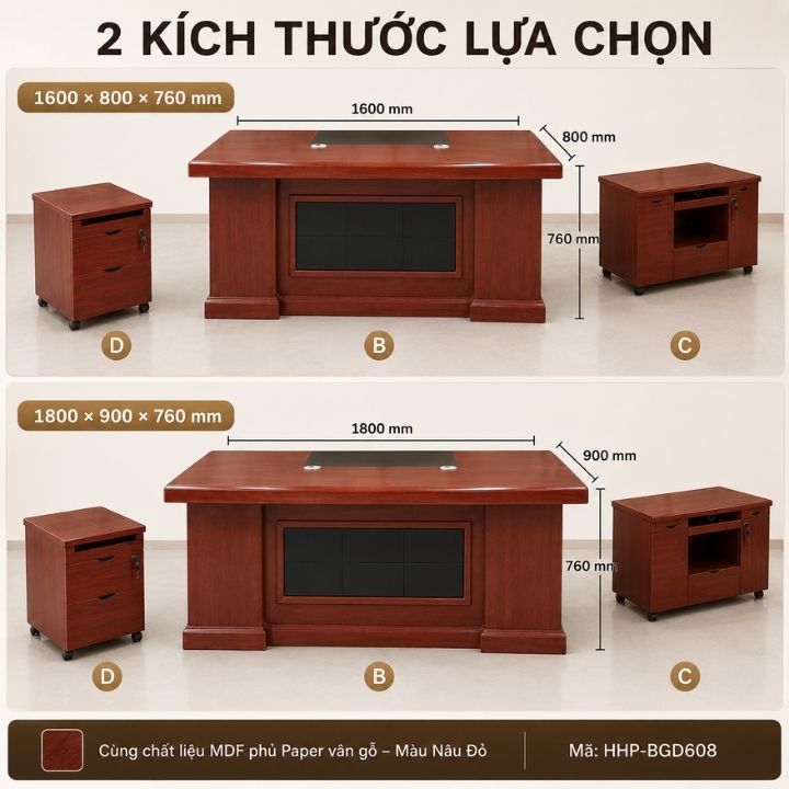 Bàn Làm Việc Giám Đốc MDF BGD207-18 Phủ Paper Vân Gỗ Nâu Đỏ Thượng Lưu - Bàn Lãnh Đạo Cao Cấp - Ảnh 7