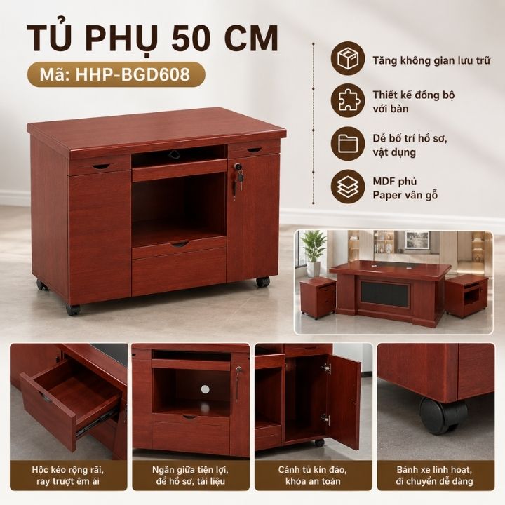 Bàn Làm Việc Giám Đốc MDF BGD207-18 Phủ Paper Vân Gỗ Nâu Đỏ Thượng Lưu - Bàn Lãnh Đạo Cao Cấp - Ảnh 6
