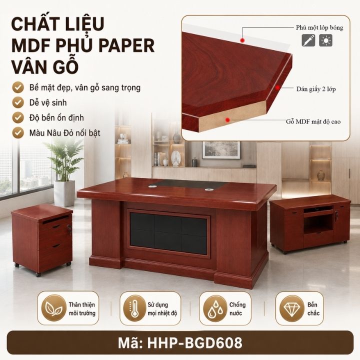 Bàn Làm Việc Giám Đốc MDF BGD207-18 Phủ Paper Vân Gỗ Nâu Đỏ Thượng Lưu - Bàn Lãnh Đạo Cao Cấp - Ảnh 4