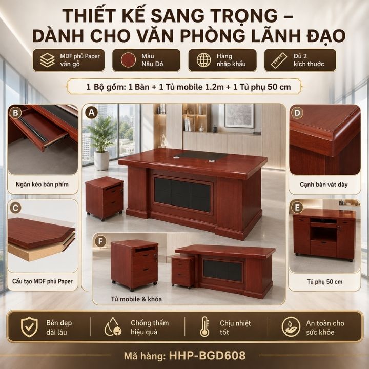 Bàn Làm Việc Giám Đốc MDF BGD207-18 Phủ Paper Vân Gỗ Nâu Đỏ Thượng Lưu - Bàn Lãnh Đạo Cao Cấp - Ảnh 3