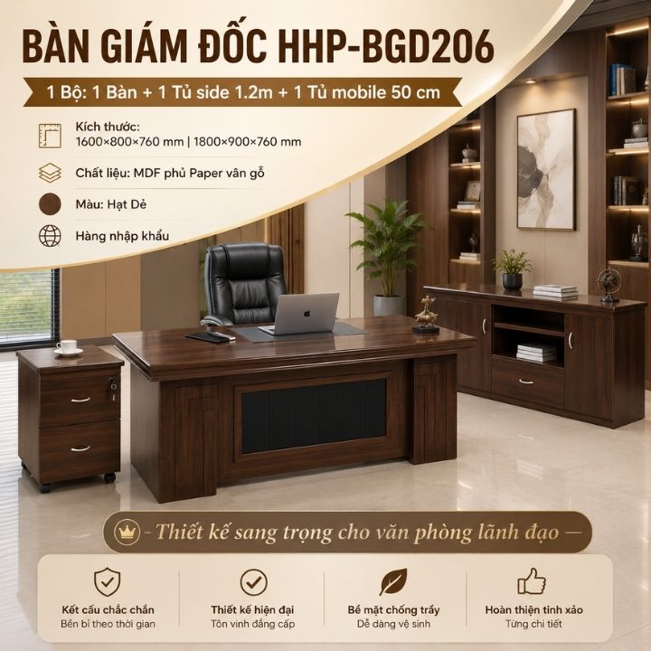 Bàn Giám Đốc Gỗ MDF Cao Cấp BGD206-18 Siêu Bền Đẹp Cho Phòng Lãnh Đạo