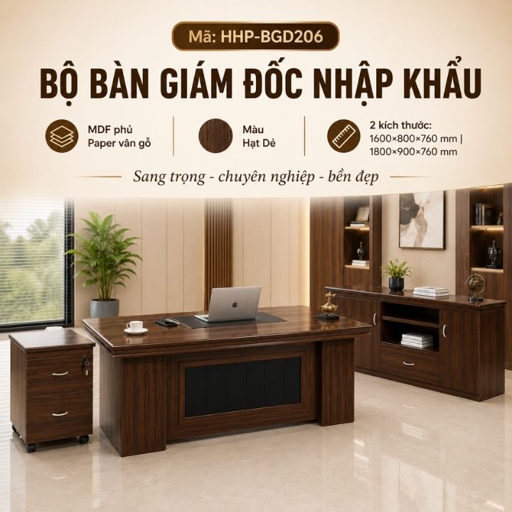 Bàn Giám Đốc Gỗ MDF Cao Cấp BGD206-16 Siêu Bền Đẹp Cho Phòng Lãnh Đạo