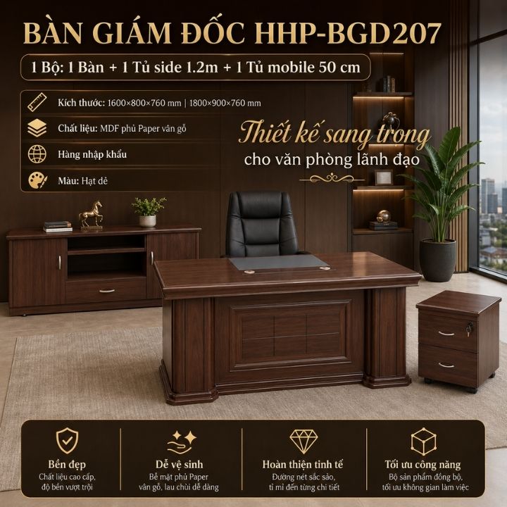 Bộ Bàn Văn Phòng Giám Đốc HHP-BGD2007 Màu Nâu Đỏ Sang Trọng, Kèm Tủ Phụ 1m2