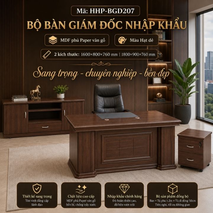 Bàn Làm Việc Giám Đốc HHP-BGD2007 Cao Cấp, Hàng Nhập Khẩu Nguyên Bộ 3 Món