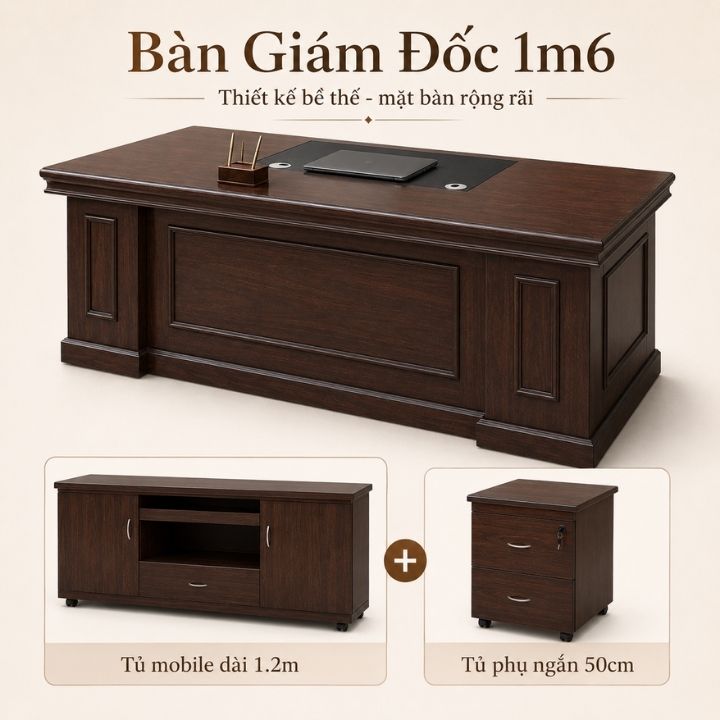 Bàn Giám Đốc 1.6m Cao Cấp HHP-BGD200 Bộ 3 Món Cao Cấp - Ảnh 6
