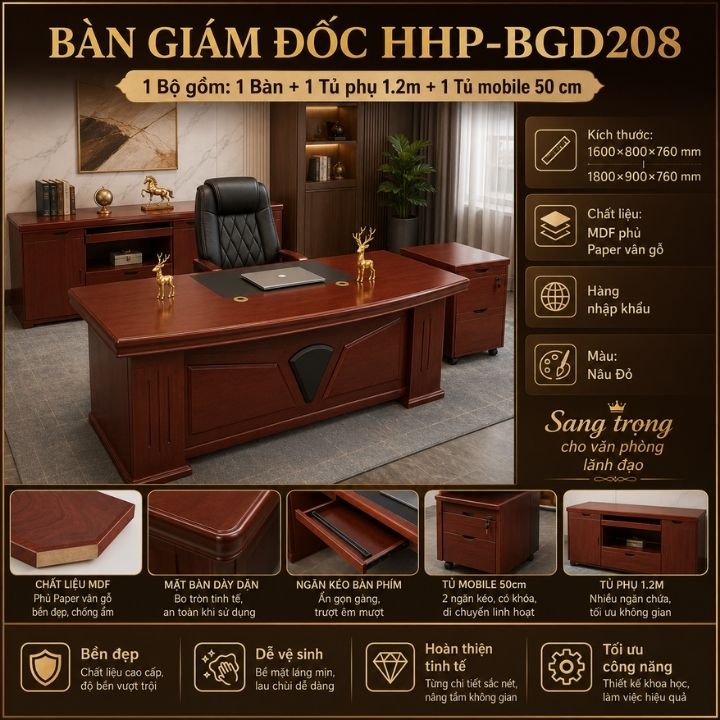 Bàn Giám Đốc HHP-BGD2008 Màu Nâu Đỏ Sang Trọng, Gỗ MDF Phủ Paper Vân Gỗ