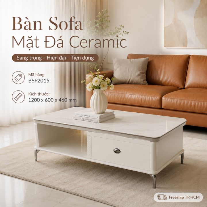 Bàn Trà Sofa Mặt Đá HHP-BSF2015 Vân Nhẹ Sang Trọng Kèm Hộc Tủ Đựng Đồ Tiện Nghi Phong Cách Hiện Đại