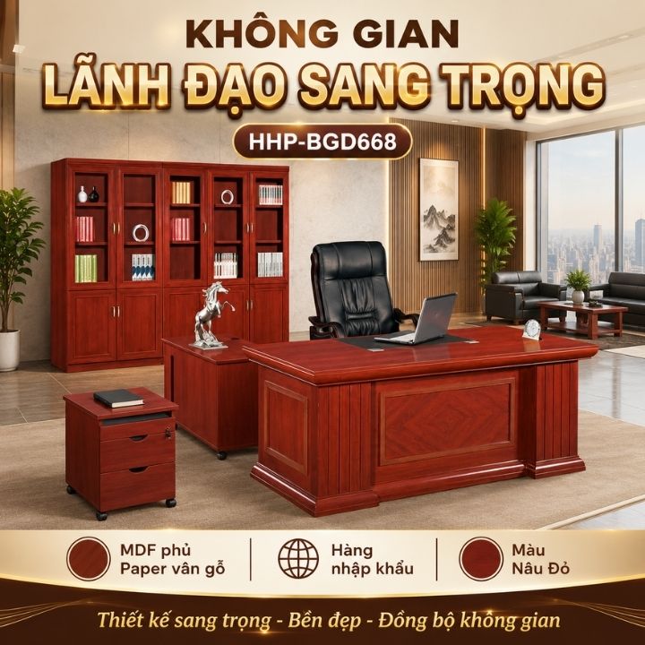 Bàn Giám Đốc HHP-BGD668 Hàng Nhập Khẩu, Gỗ MDF Phủ Paper Vân Gỗ Màu Nâu Đỏ Sang Trọng