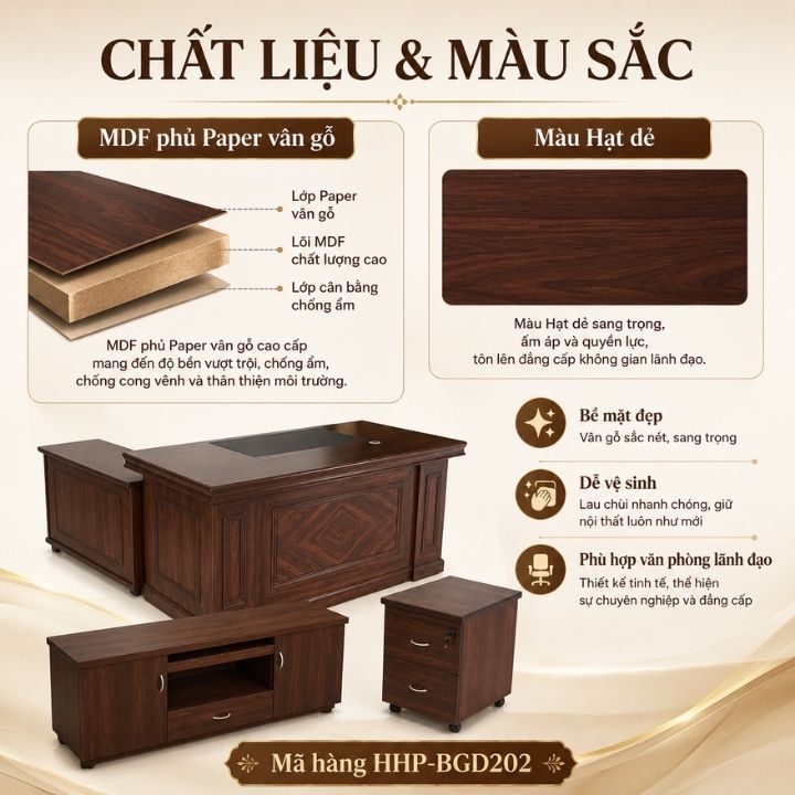 Bàn Làm Việc Lãnh Đạo HHP-BGD202 Màu Hạt Dẻ, Bền Đẹp Và Sang Trọng - Ảnh 8
