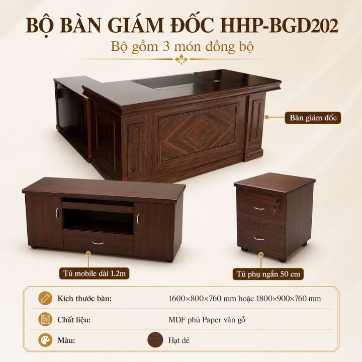 Bàn Làm Việc Lãnh Đạo HHP-BGD202 Màu Hạt Dẻ, Bền Đẹp Và Sang Trọng - Ảnh 7
