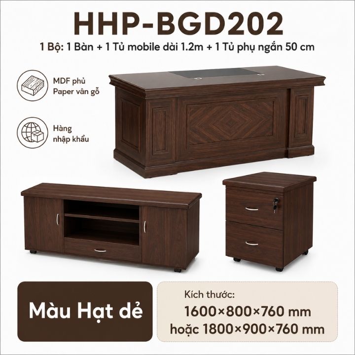 Bàn Làm Việc Lãnh Đạo HHP-BGD202 Màu Hạt Dẻ, Bền Đẹp Và Sang Trọng - Ảnh 3