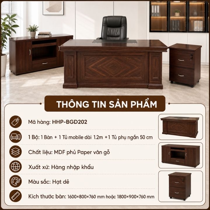 Bàn Làm Việc Lãnh Đạo HHP-BGD202 Màu Hạt Dẻ, Bền Đẹp Và Sang Trọng - Ảnh 2
