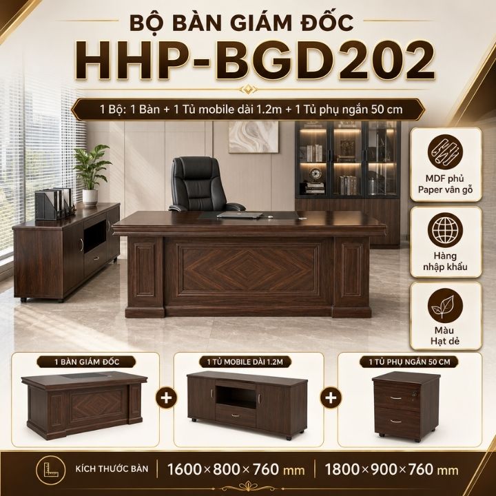 Bàn Làm Việc Lãnh Đạo HHP-BGD202 Màu Hạt Dẻ, Bền Đẹp Và Sang Trọng