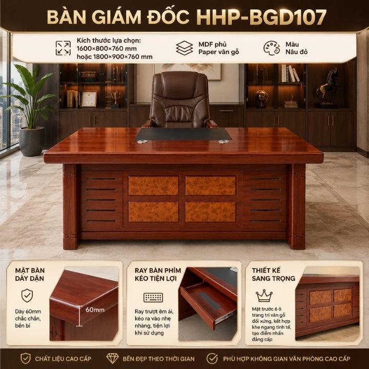 Bàn Làm Việc Giám Đốc HHP-BGD107-18 Mặt Bàn Dày Dặn, Phù Hợp Văn Phòng Cao Cấp