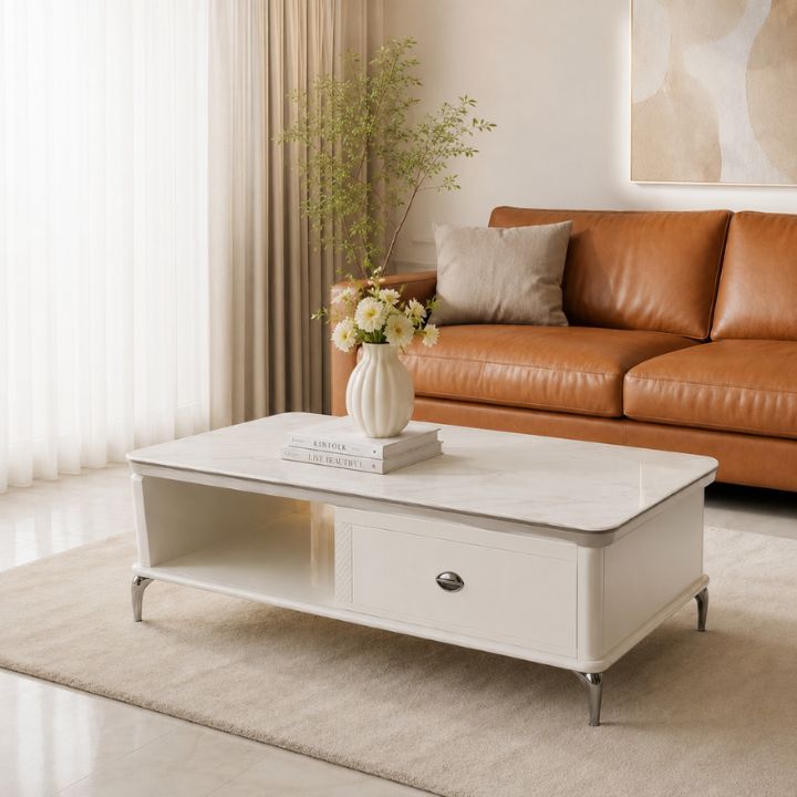 Bàn Trà Sofa Mặt Đá HHP-BSF2015 Vân Nhẹ Sang Trọng Kèm Hộc Tủ Đựng Đồ Tiện Nghi Phong Cách Hiện Đại