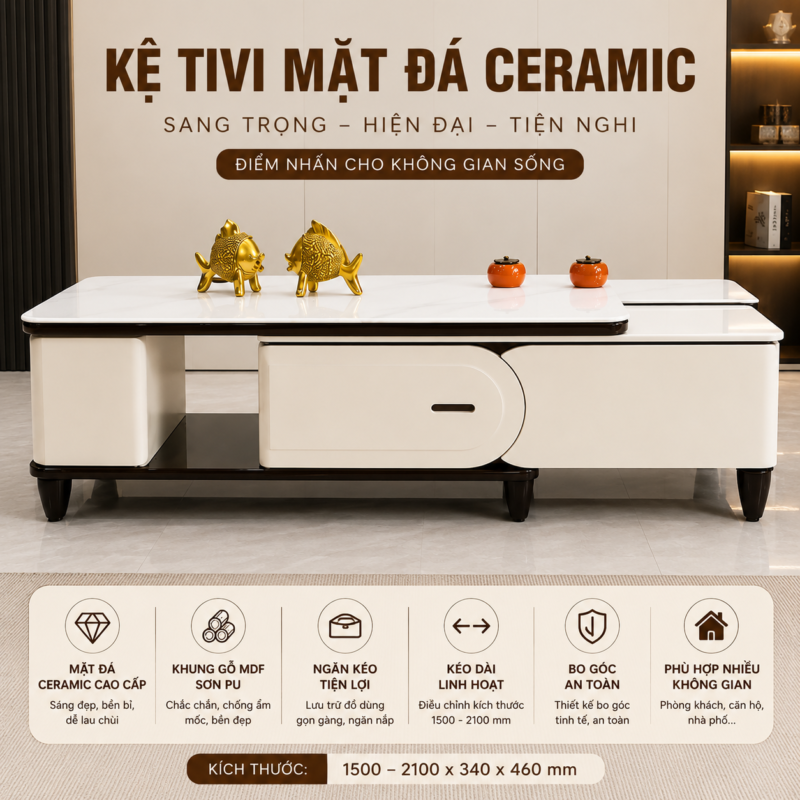 Kệ Tivi Mặt Đá Ceramic Cao Cấp HHP-TV2013 Khung Gỗ MDF Sơn PU, Thiết Kế Hiện Đại