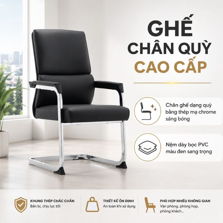 Ghế Chân Quỳ Văn Phòng Cao Cấp Màu Đen GCQ8816 Ghế Phòng Họp, Ghế Tiếp Khách Bọc PVC