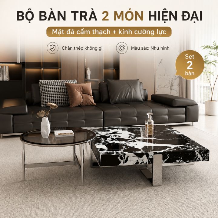 Bộ Bàn Trà Sofa 2 Món BSF2701 Mặt Đá Cẩm Thạch Kèm Kính Cường Lực Sang Trọng