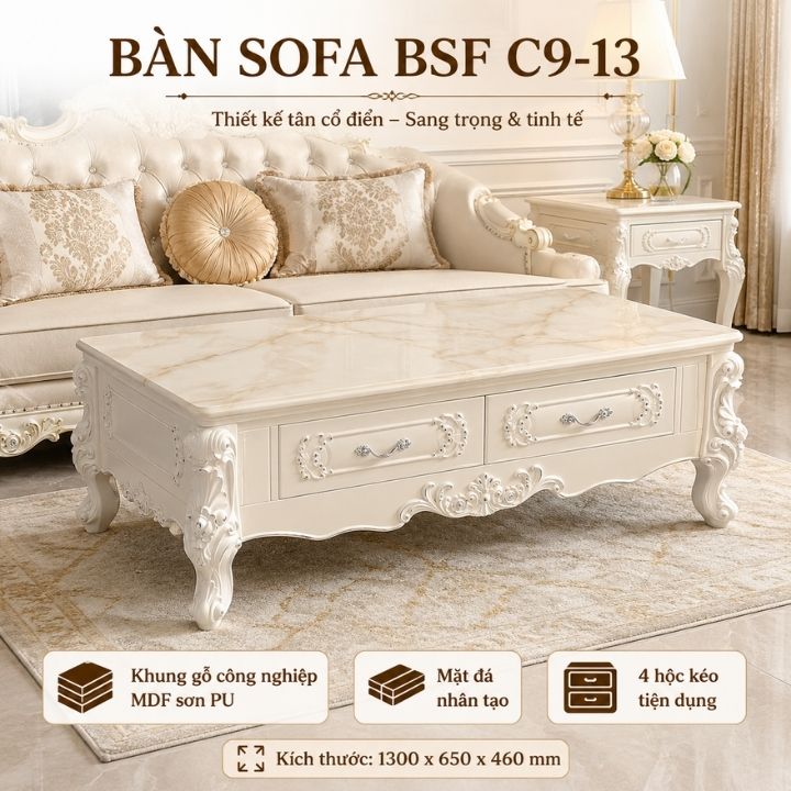 Bàn Trà Sofa Tân Cổ Điển BSF C9-13 Mặt Đá Nhân Tạo 4 Hộc Kéo Sang Trọng