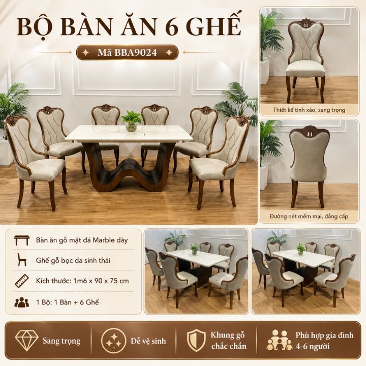 Bộ Bàn Ăn Gỗ Mặt Đá BBA9024 Sang Trọng, 1 Bàn Kèm 6 Ghế Bọc Da Sinh Thái