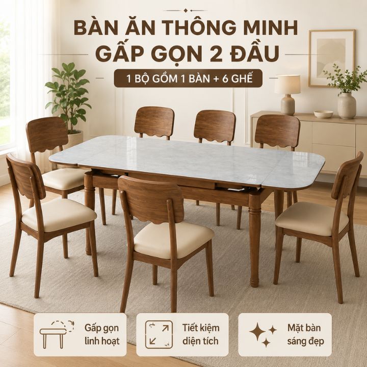 Bộ Bàn Ăn Thông Minh Gấp Gọn 2 Đầu BBAA9025, 1 Bàn Kèm 6 Ghế Hiện Đại