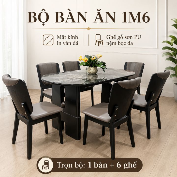 Bộ Bàn Ăn 1M6 Mặt Kính In Vân Đá BA9027 Kèm 6 Ghế Gỗ Sơn PU Bọc Da