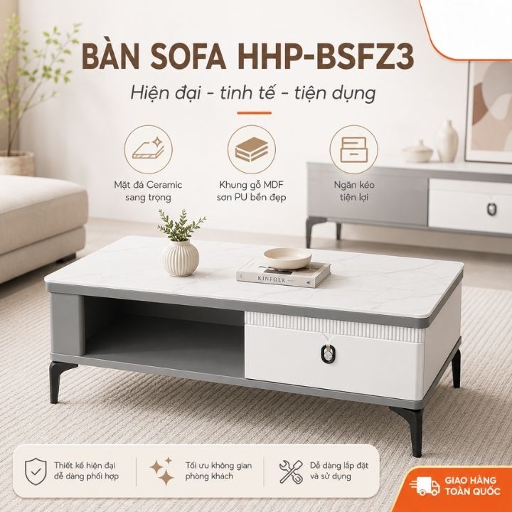 Bàn Trà Hiện Đại Cao Cấp HHP-BSFZ3 Mặt Đá Ceramic Khung Gỗ MDF Sơn PU