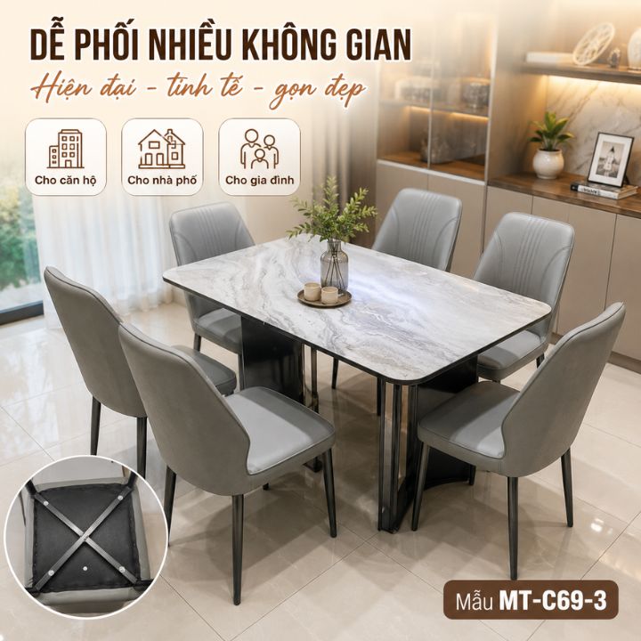 Bộ Bàn Ăn Hiện Đại BBAA9026 Mặt Kính 3D Vân Đá, 1 Bàn Kèm 6 Ghế Bọc Da PU - Ảnh 3