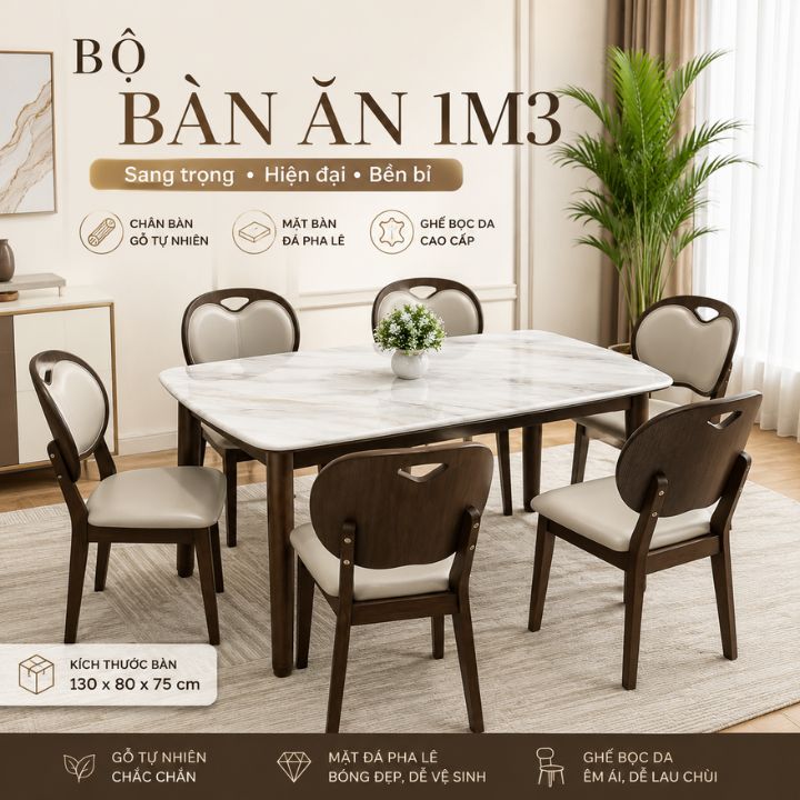 Bộ Bàn Ăn Gia Đình BA9028 Mặt Đá Pha Lê 1 Bàn 6 Ghế Bọc Da